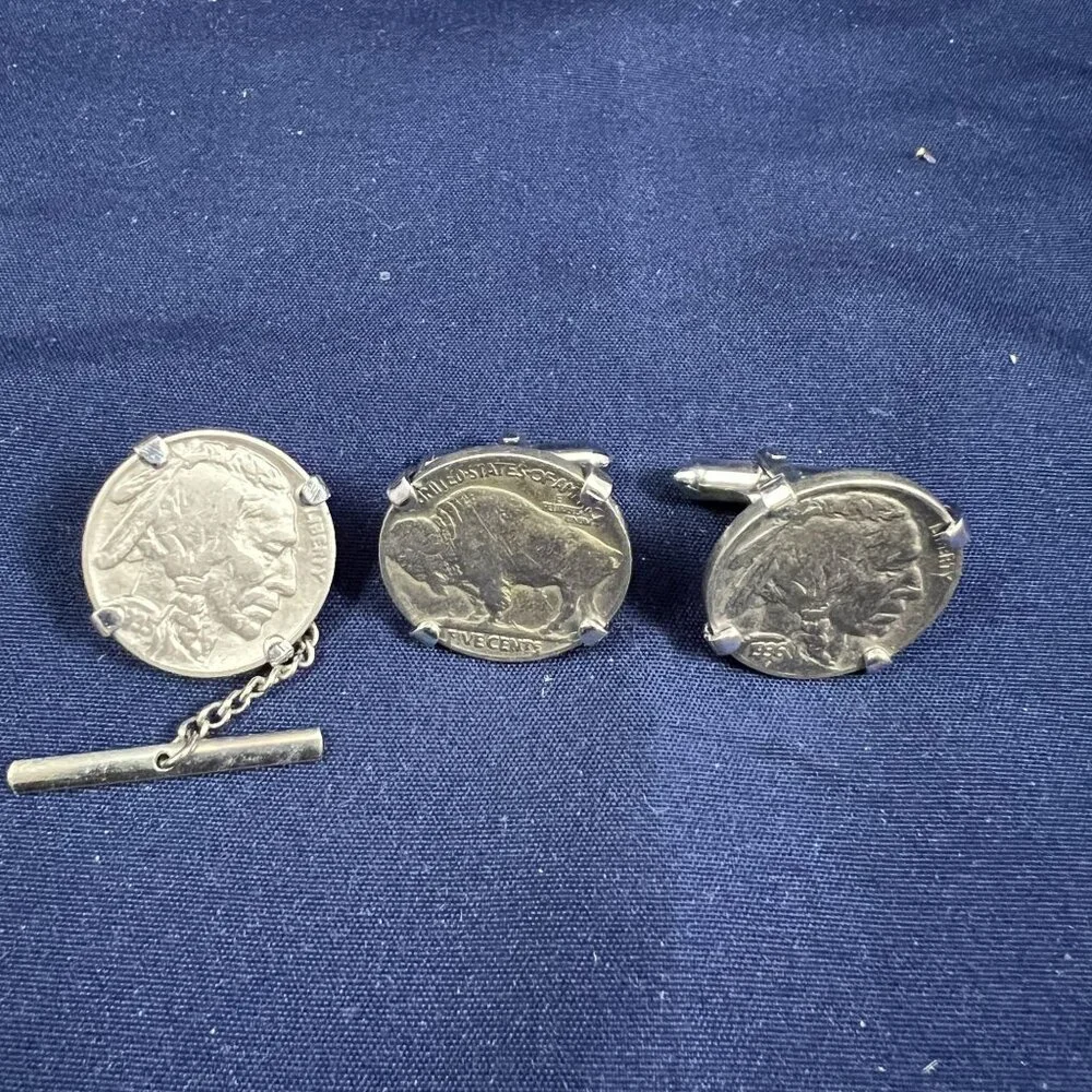 Vintage Swank Buffalo Nickel Cuff Links & Tie Tack Set